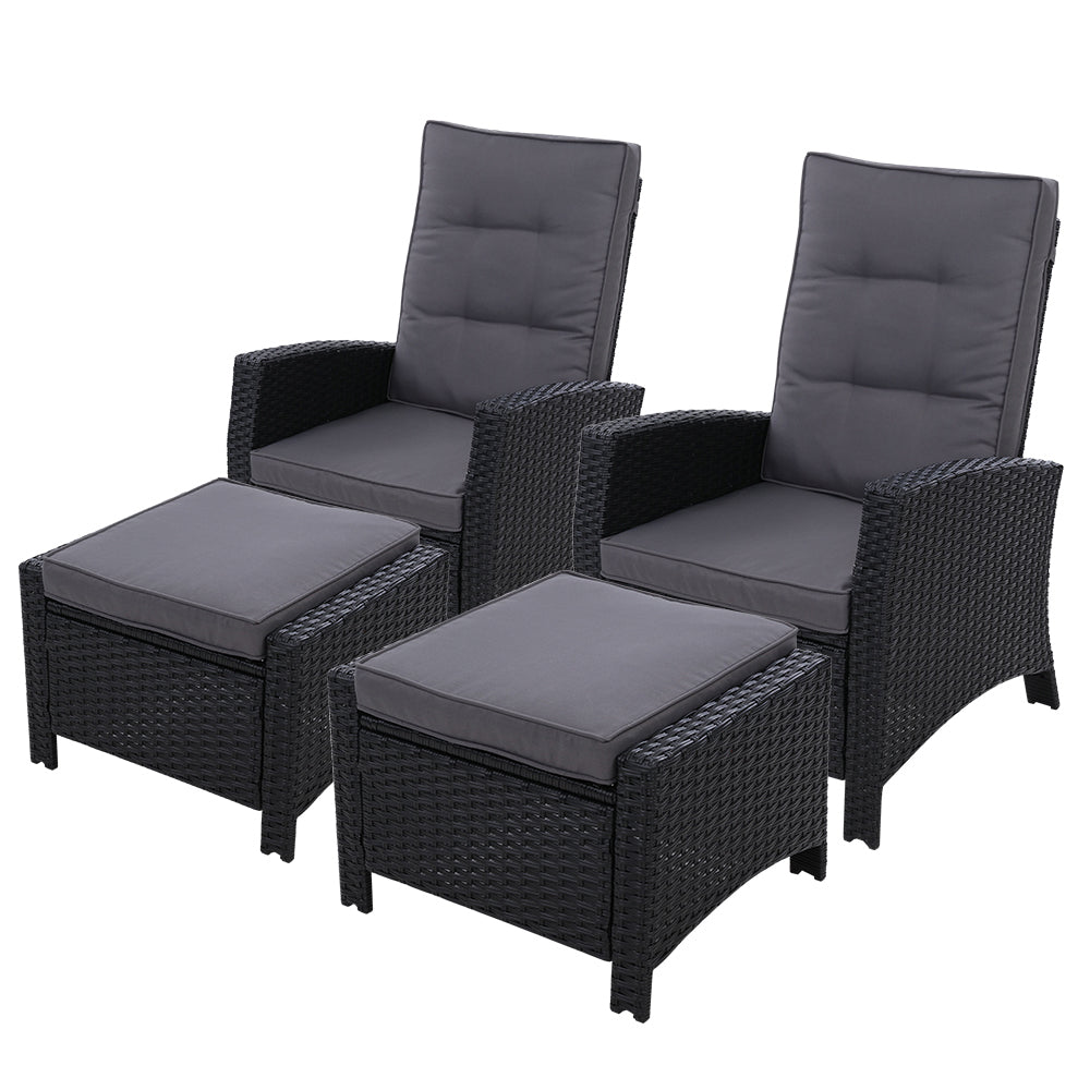 Gardeon 2PC Recliner Chairs Sun lounge Wicker Lounger Outdoor Furniture Adjustable Black