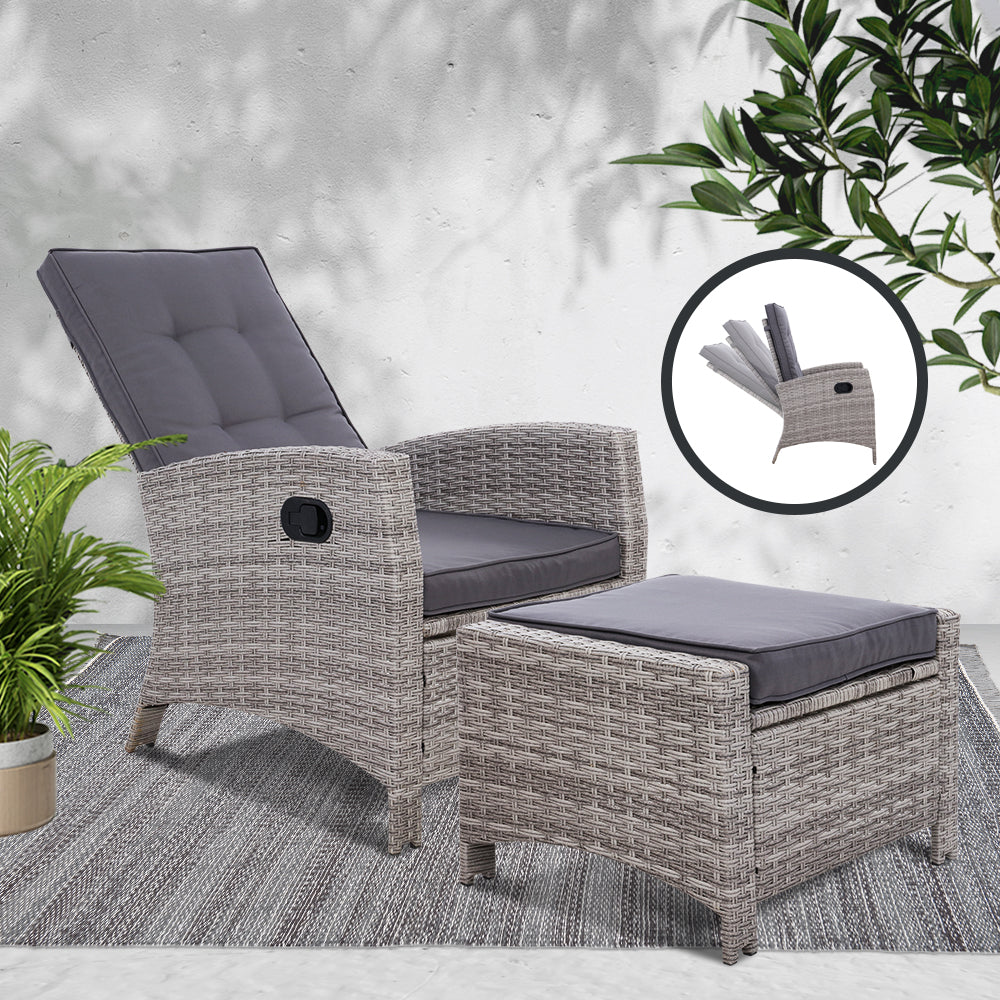 Gardeon Recliner Chair Sun lounge Wicker Lounger Outdoor Patio Furniture Adjustable Grey