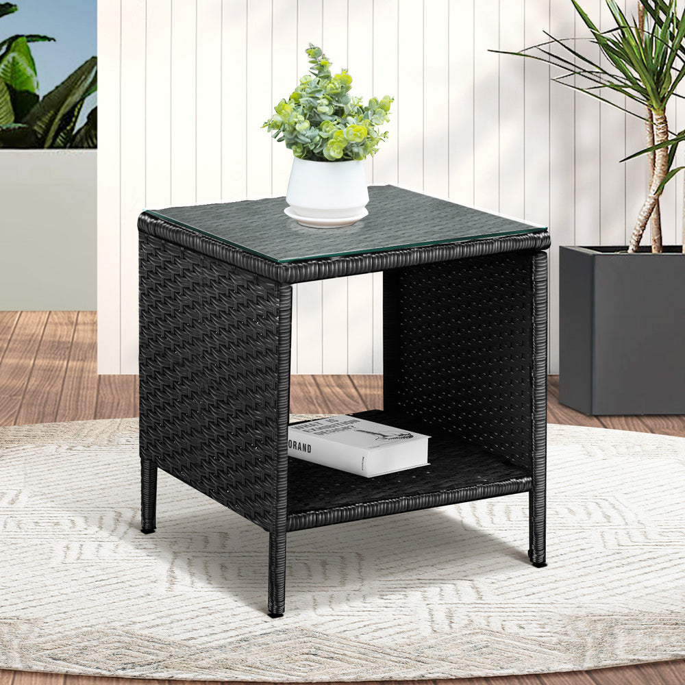 Livsip Rattan Side Table Glass Tabletop Black