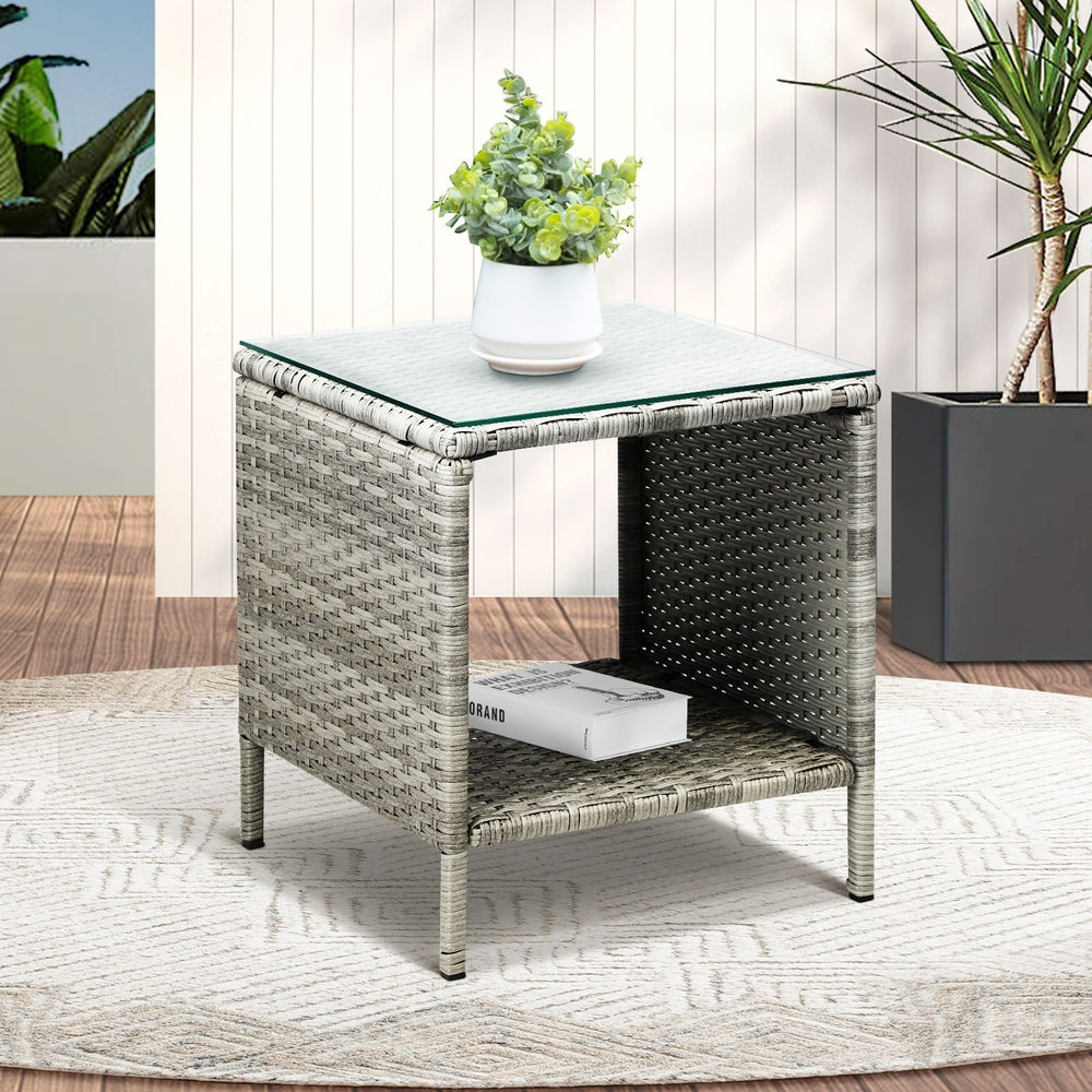 Livsip Rattan Side Table Glass Tabletop Grey