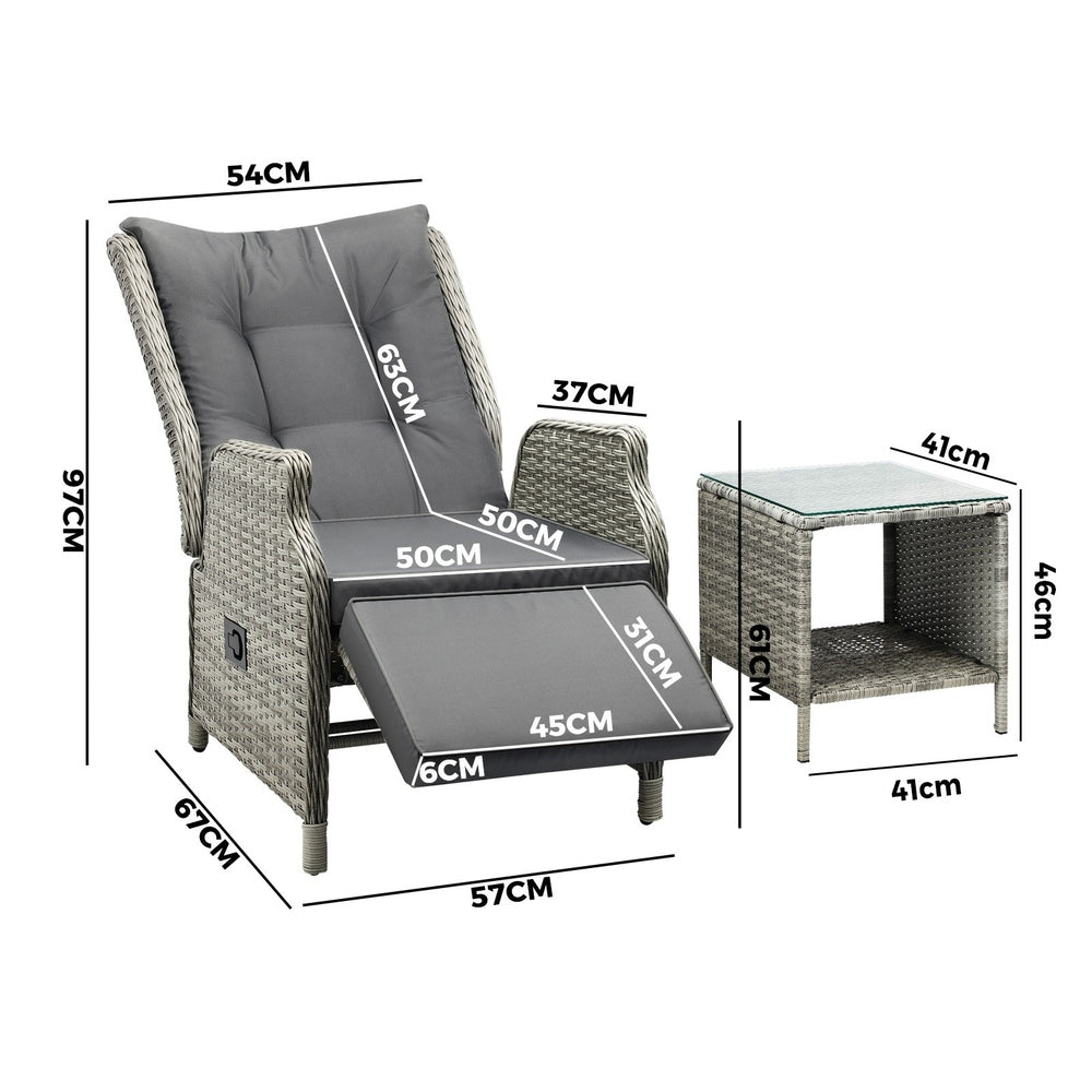 Livsip Outdoor Recliners Sun Lounger & Table Set of 3 Grey