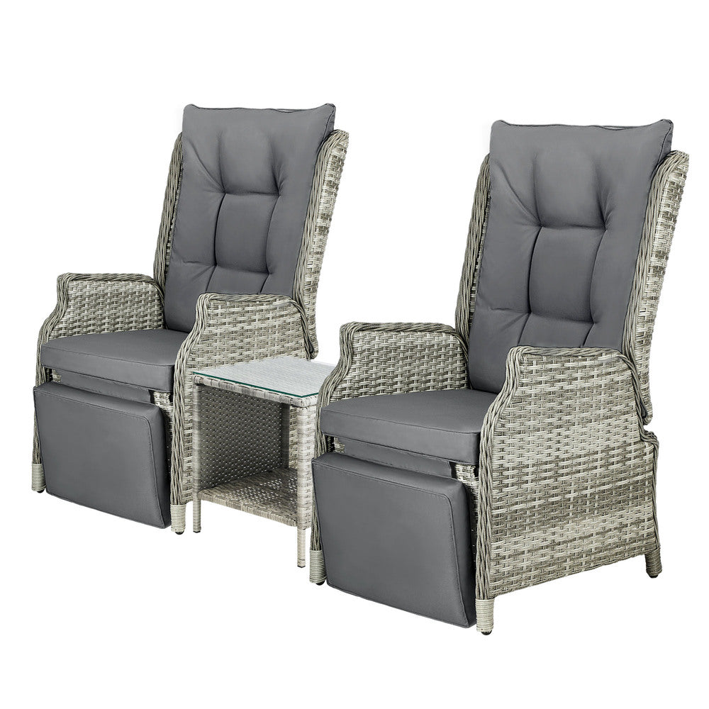 Livsip Outdoor Recliners Sun Lounger & Table Set of 3 Grey