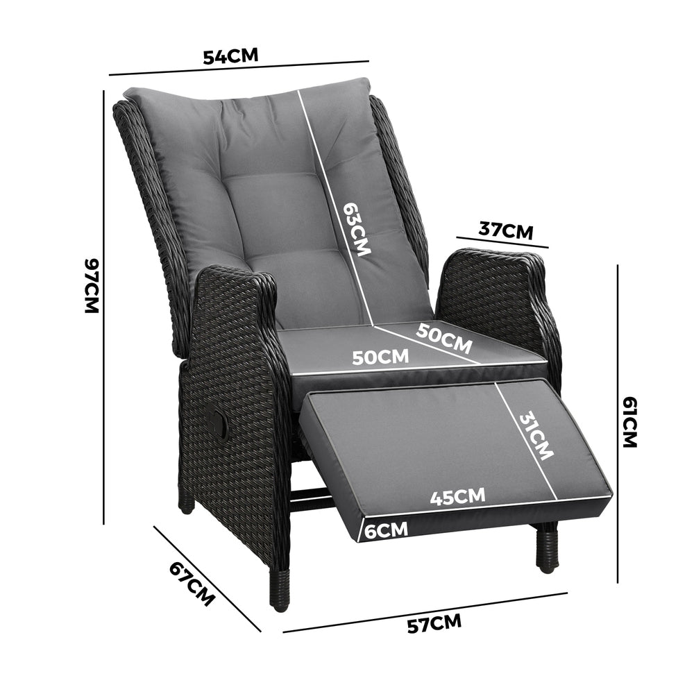 Livsip Sun Lounge Wicker Recliner 2 Pieces Black