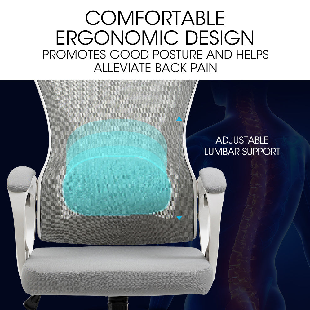 FORTIA Ergonomic Office Desk Chair, Height Adjustable Lumbar Support, Mesh Fabric, Headrest, White/Grey