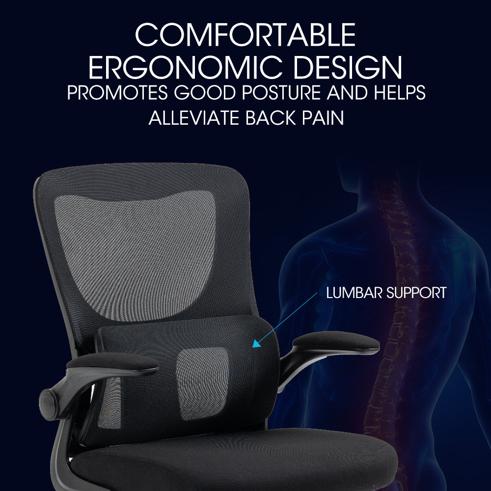 FORTIA Ergonomic Office Desk Chair, Lumbar Support, Mesh Fabric, Retractable Armrests, Black