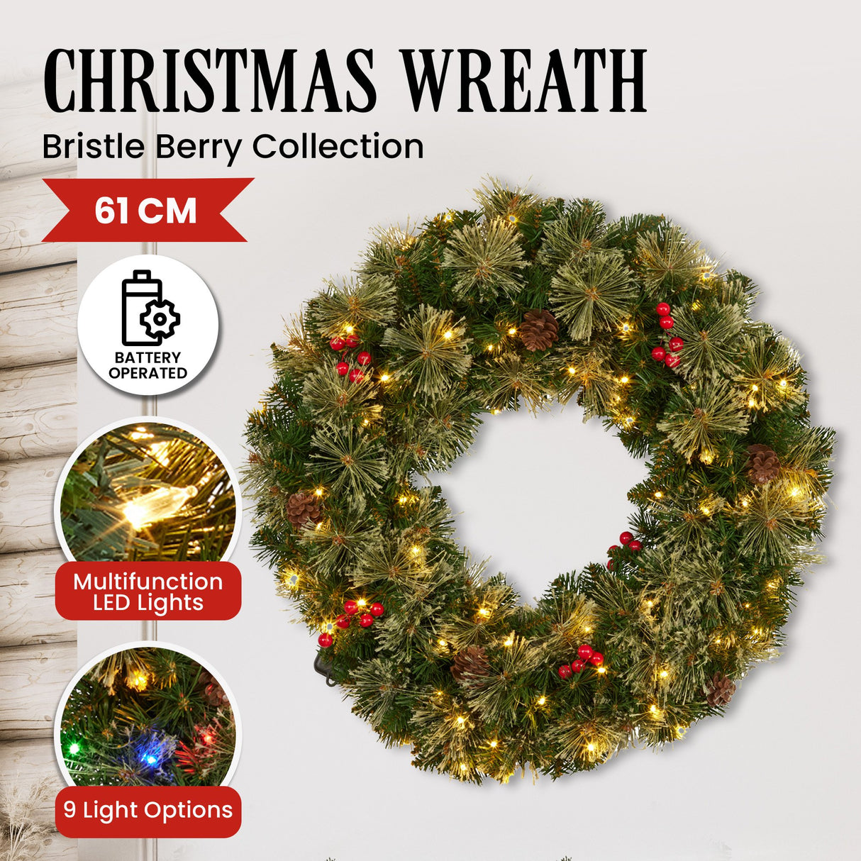 61cm Bristle Berry Christmas Wreath with Multi Functions Lights
