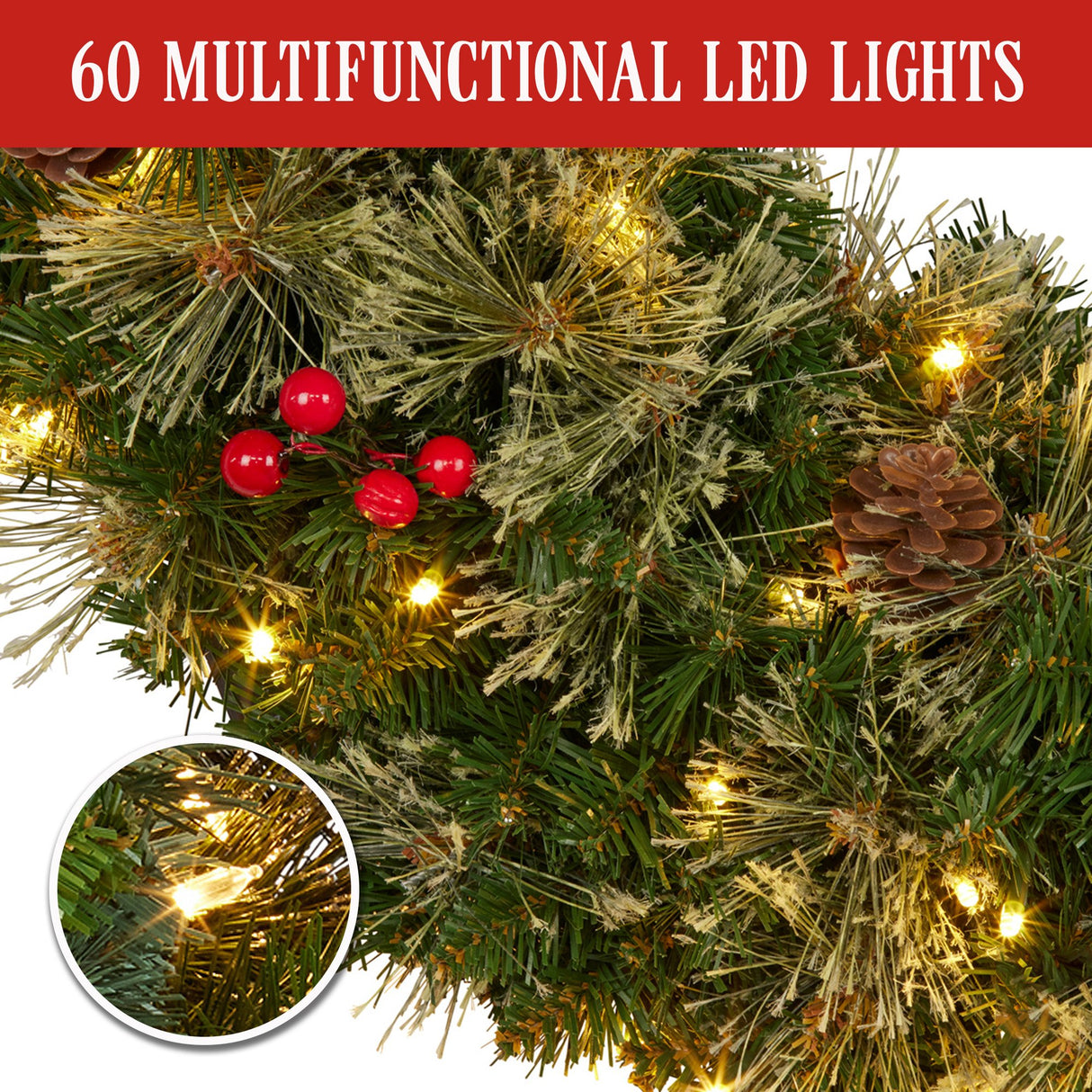 61cm Bristle Berry Christmas Wreath with Multi Functions Lights