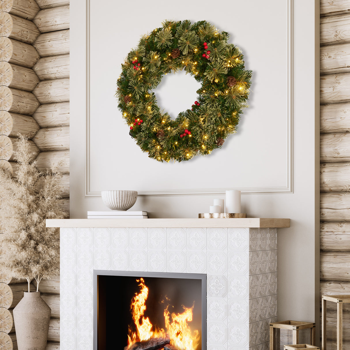 61cm Bristle Berry Christmas Wreath with Multi Functions Lights