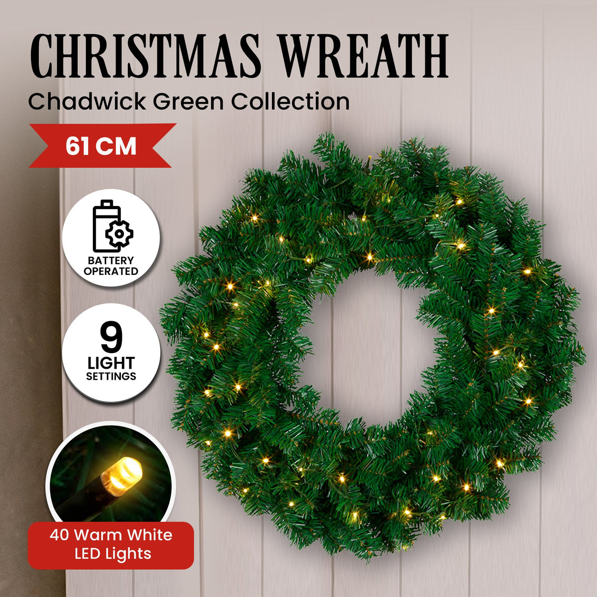 Chadwick Green Pre-Lit Christmas Wreath - 61cm