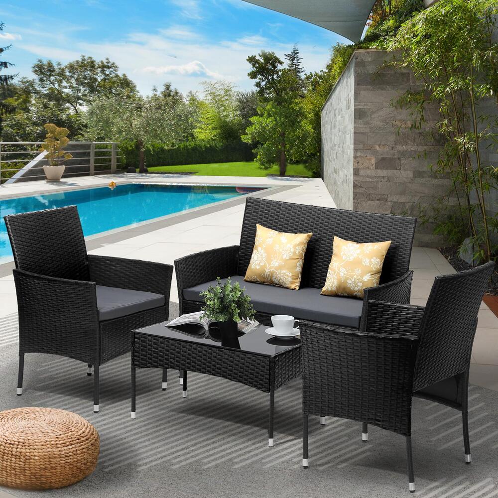 Livsip Outdoor Furniture 4PCS Set Chairs Table Wicker Black