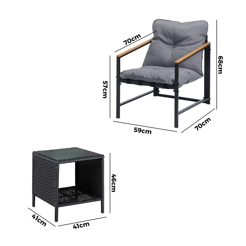 Livsip 3 Piece Outdoor Patio Set Metal Chairs Rattan Table