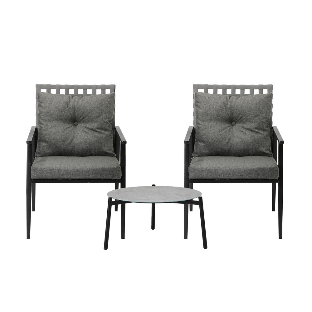 Livsip 3PCS Outdoor Patio Set 50CM Grey Marble Table Rattan Chairs