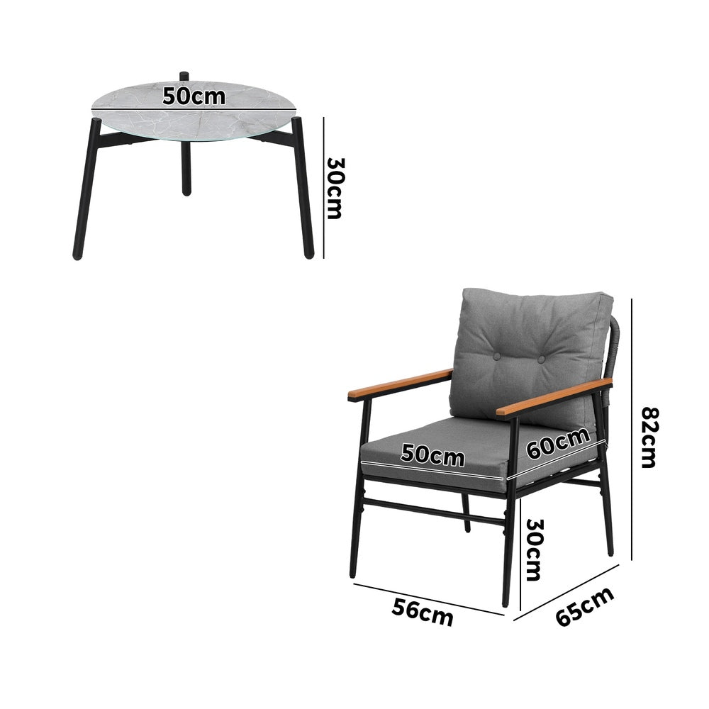 Livsip 3 Piece Outdoor Patio Set 50cm Table Grey and Black Armchair