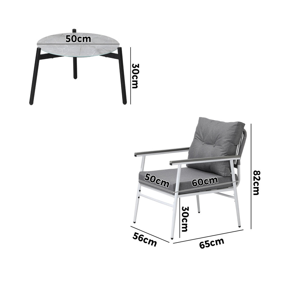 Livsip 3 Piece Outdoor Patio Set 50cm Table Grey and White Armchair