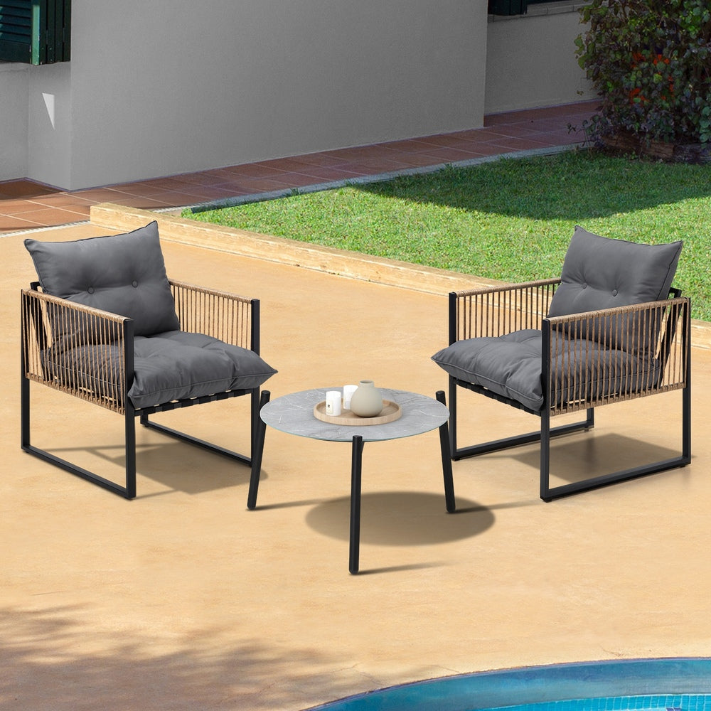 Livsip 3PCS Outdoor Patio Set Grey 50cm Coffee Table Rattan Chairs