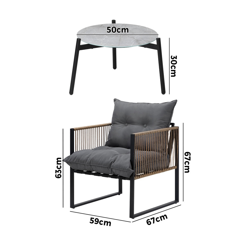 Livsip 3PCS Outdoor Patio Set Grey 50cm Coffee Table Rattan Chairs