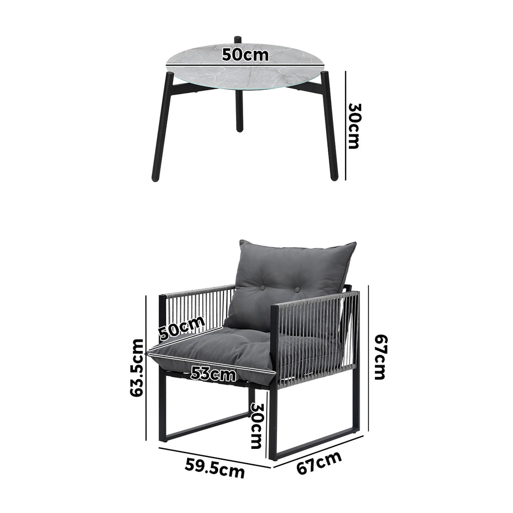 Livsip 3PCS Outdoor Patio Set 50cm Grey Table Cushioned Armchairs