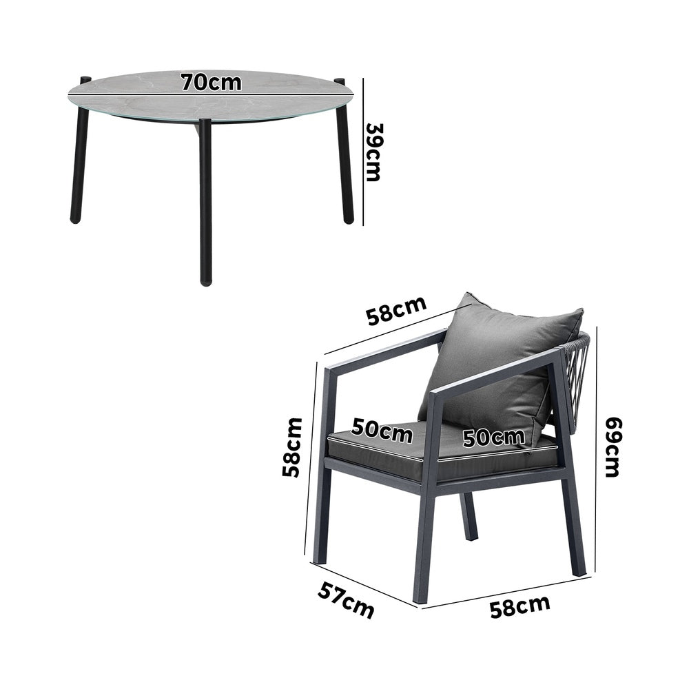 Livsip 3PCS Outdoor Patio Set 70cm Coffee Table Grey Chairs