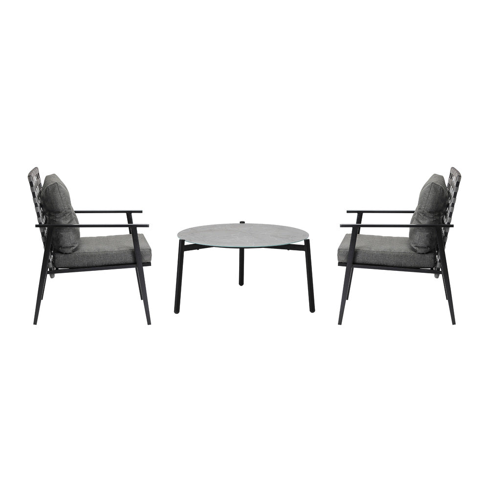 Livsip 3PC Outdoor Patio Set 70CM Grey Marble Table Rattan Chairs