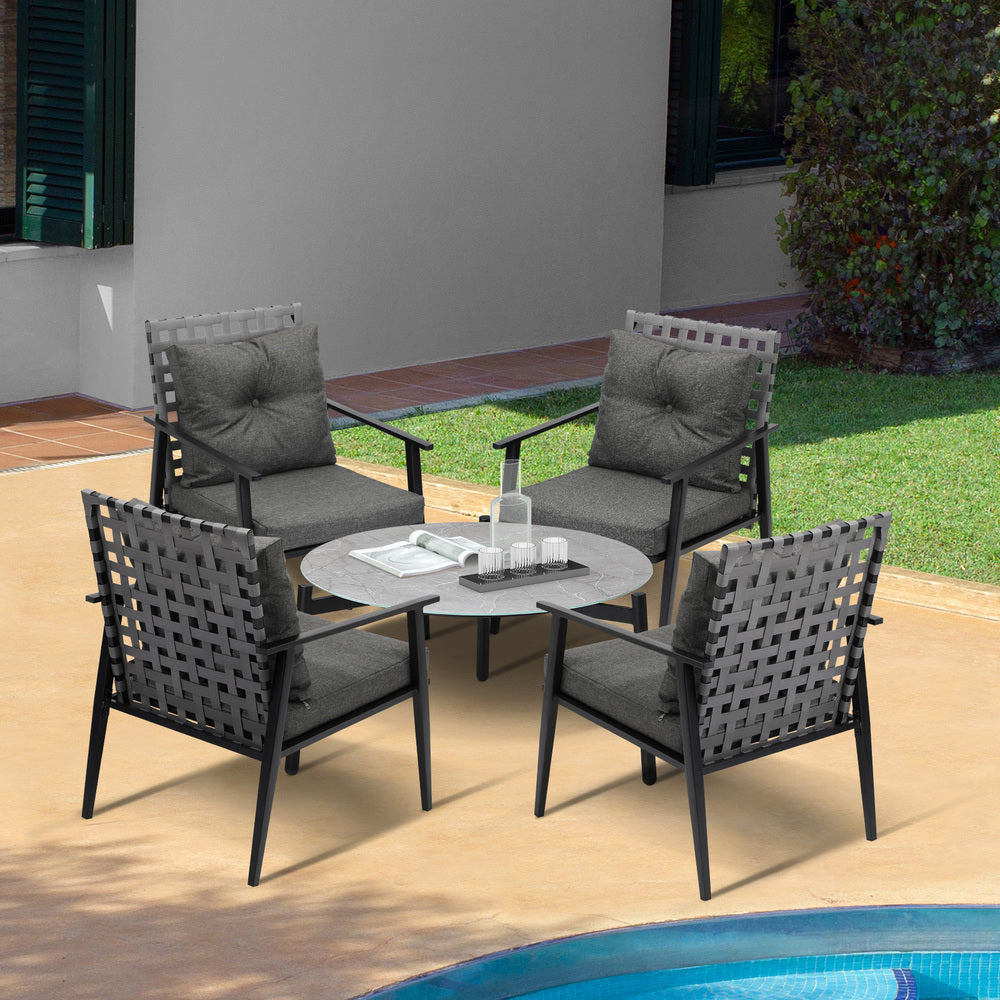 Livsip 5pc Outdoor Patio Set 70CM Grey Marble Table Rattan Chairs