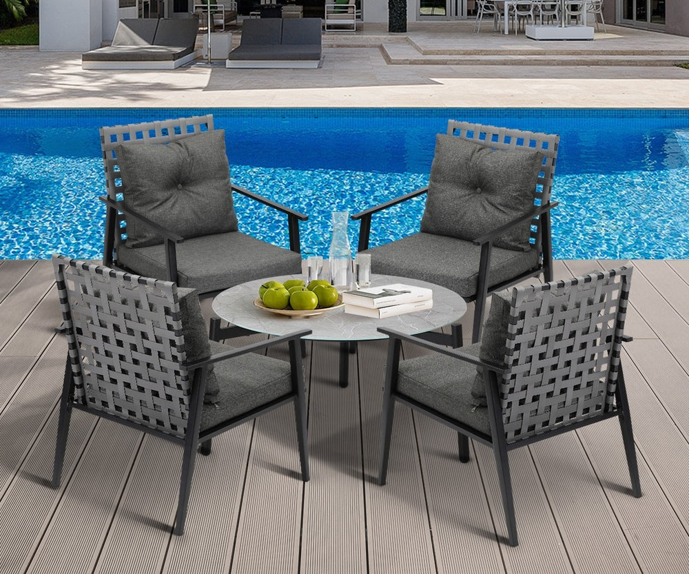 Livsip 5pc Outdoor Patio Set 70CM Grey Marble Table Rattan Chairs
