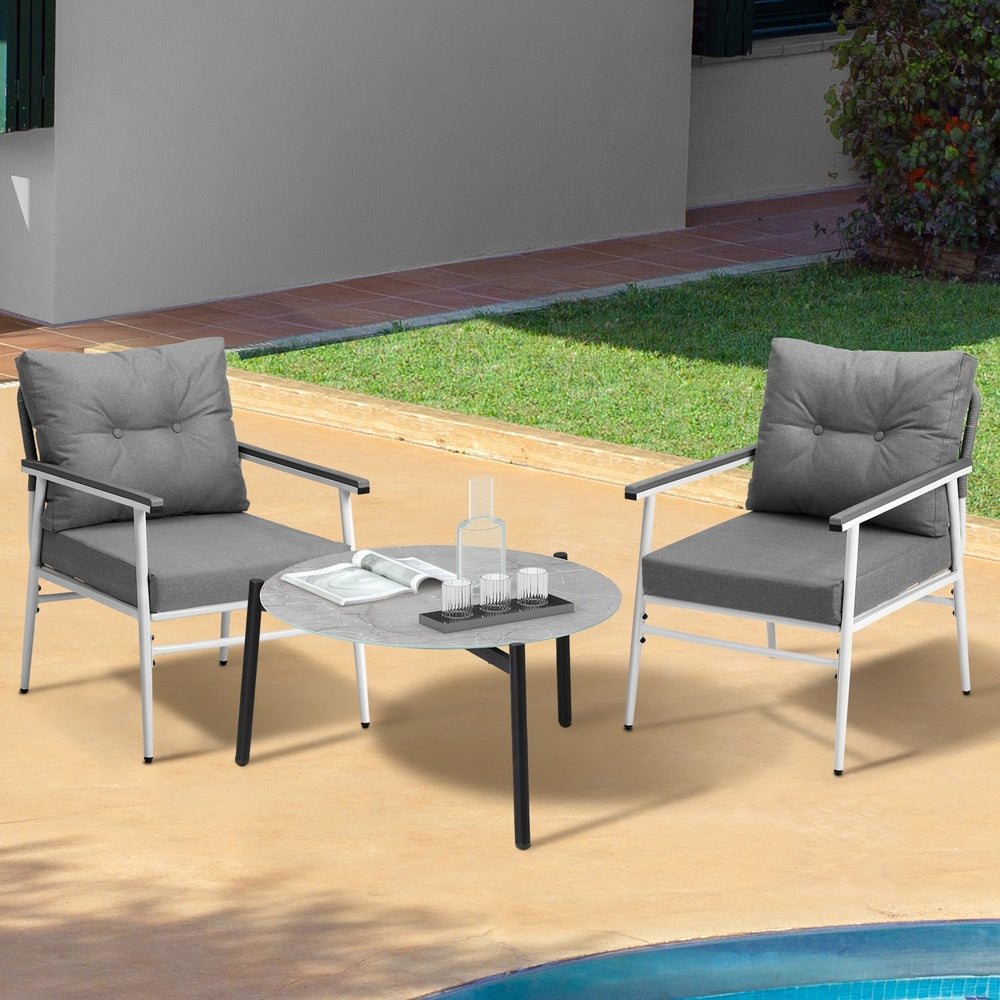 Livsip 3PC Outdoor Patio Set 70cm Table Grey and White Armchairs