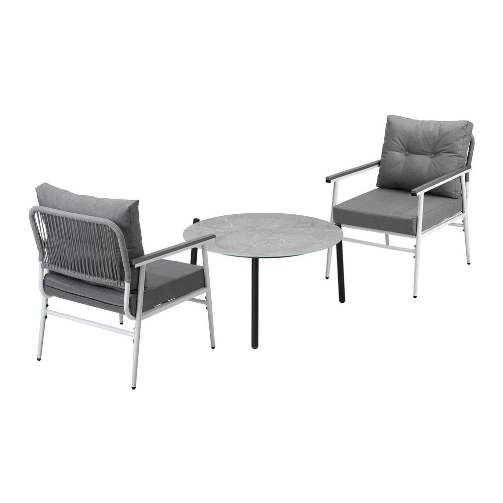 Livsip 3PC Outdoor Patio Set 70cm Table Grey and White Armchairs