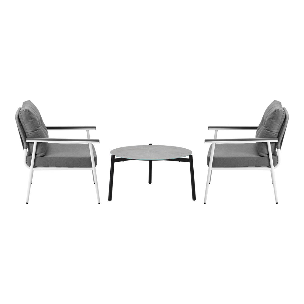 Livsip 3PC Outdoor Patio Set 70cm Table Grey and White Armchairs