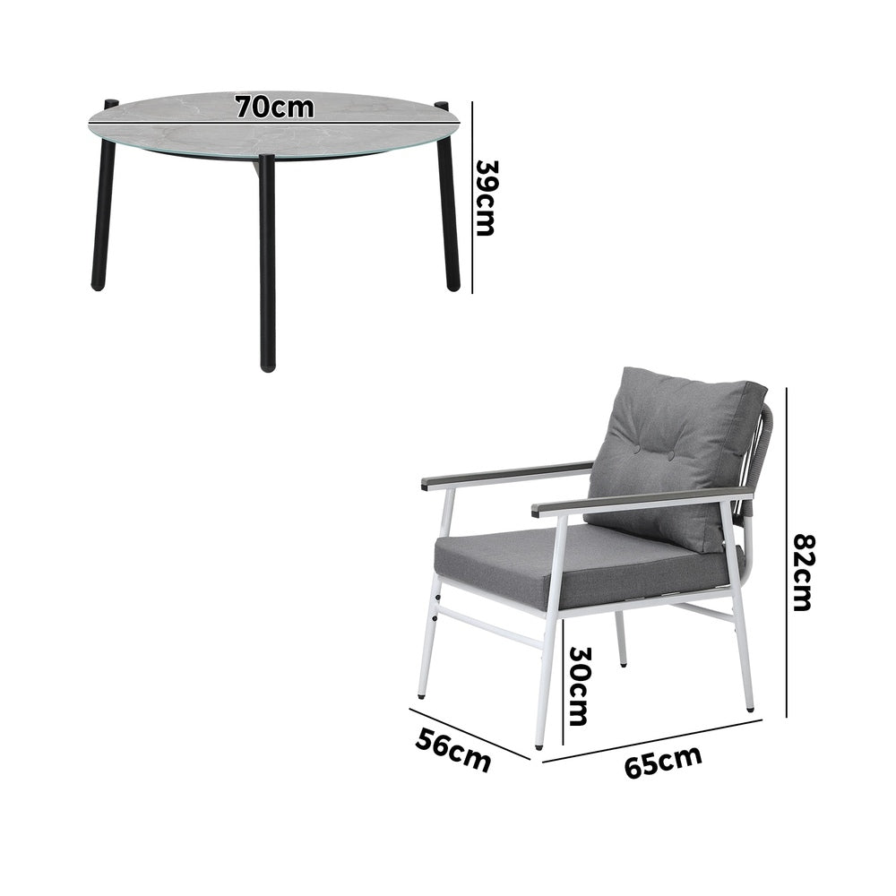 Livsip 3PC Outdoor Patio Set 70cm Table Grey and White Armchairs