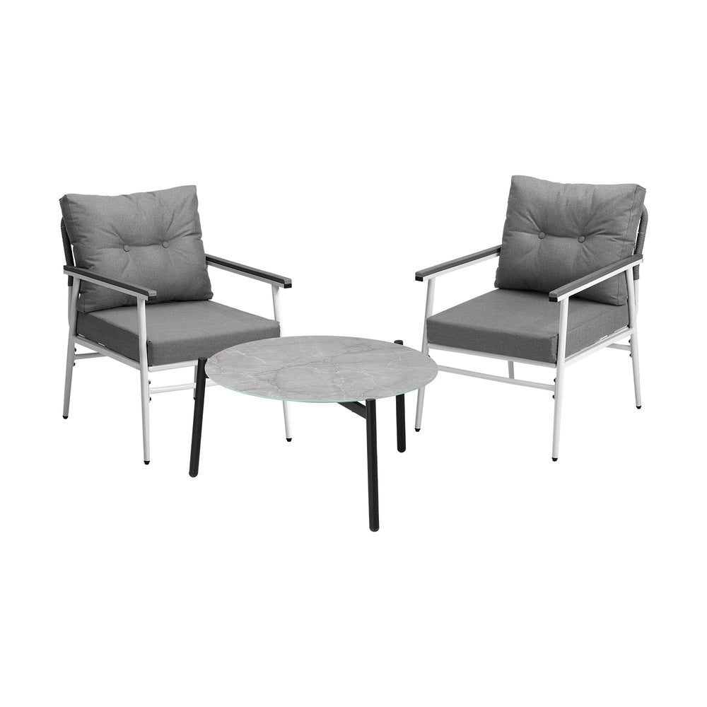 Livsip 3PC Outdoor Patio Set 70cm Table Grey and White Armchairs