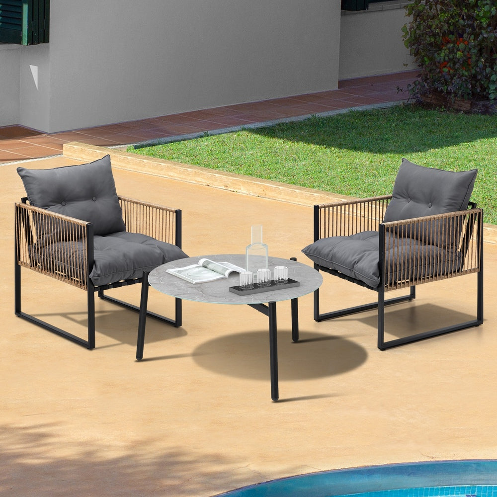 Livsip 3PCS Outdoor Patio Set Grey 70cm Coffee Table Rattan Chairs