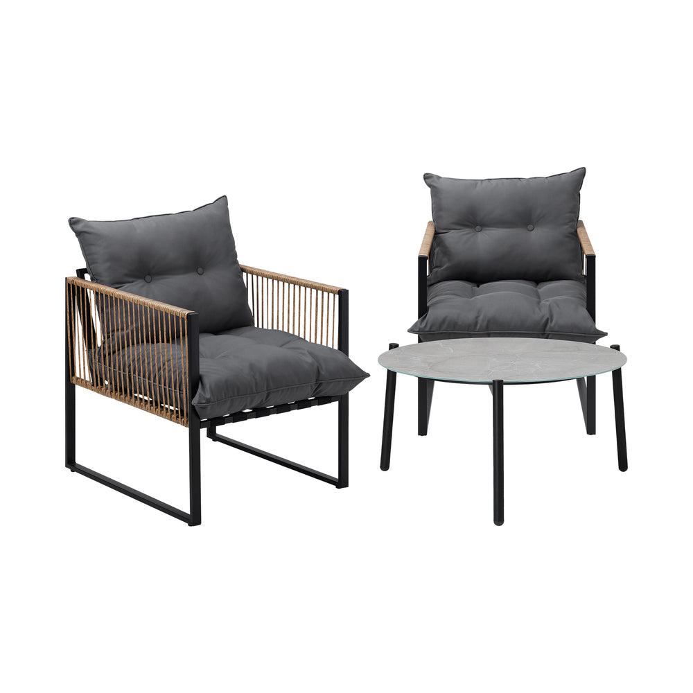 Livsip 3PCS Outdoor Patio Set Grey 70cm Coffee Table Rattan Chairs