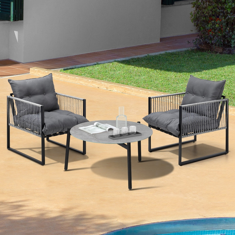 Livsip 3PCS Outdoor Patio Set Grey 70cm Table Cushioned Armchairs