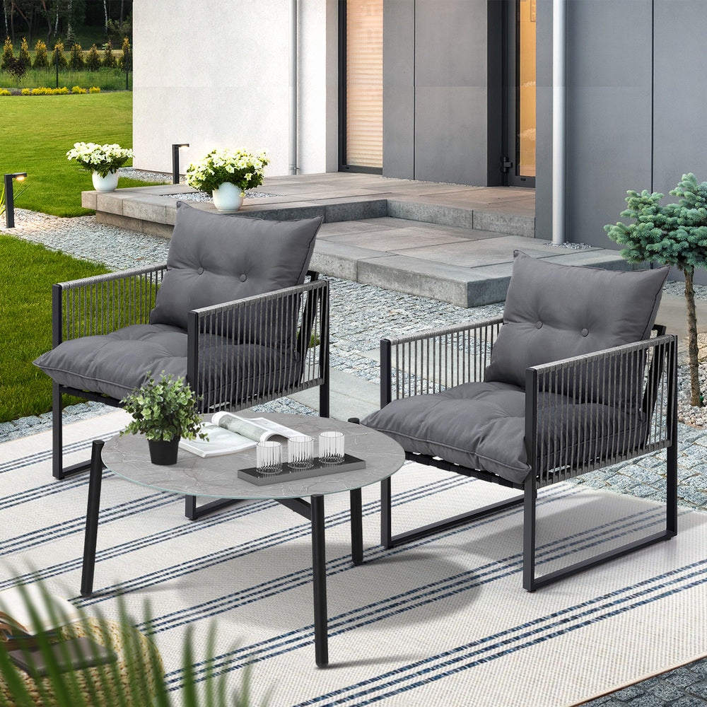 Livsip 3PCS Outdoor Patio Set Grey 70cm Table Cushioned Armchairs