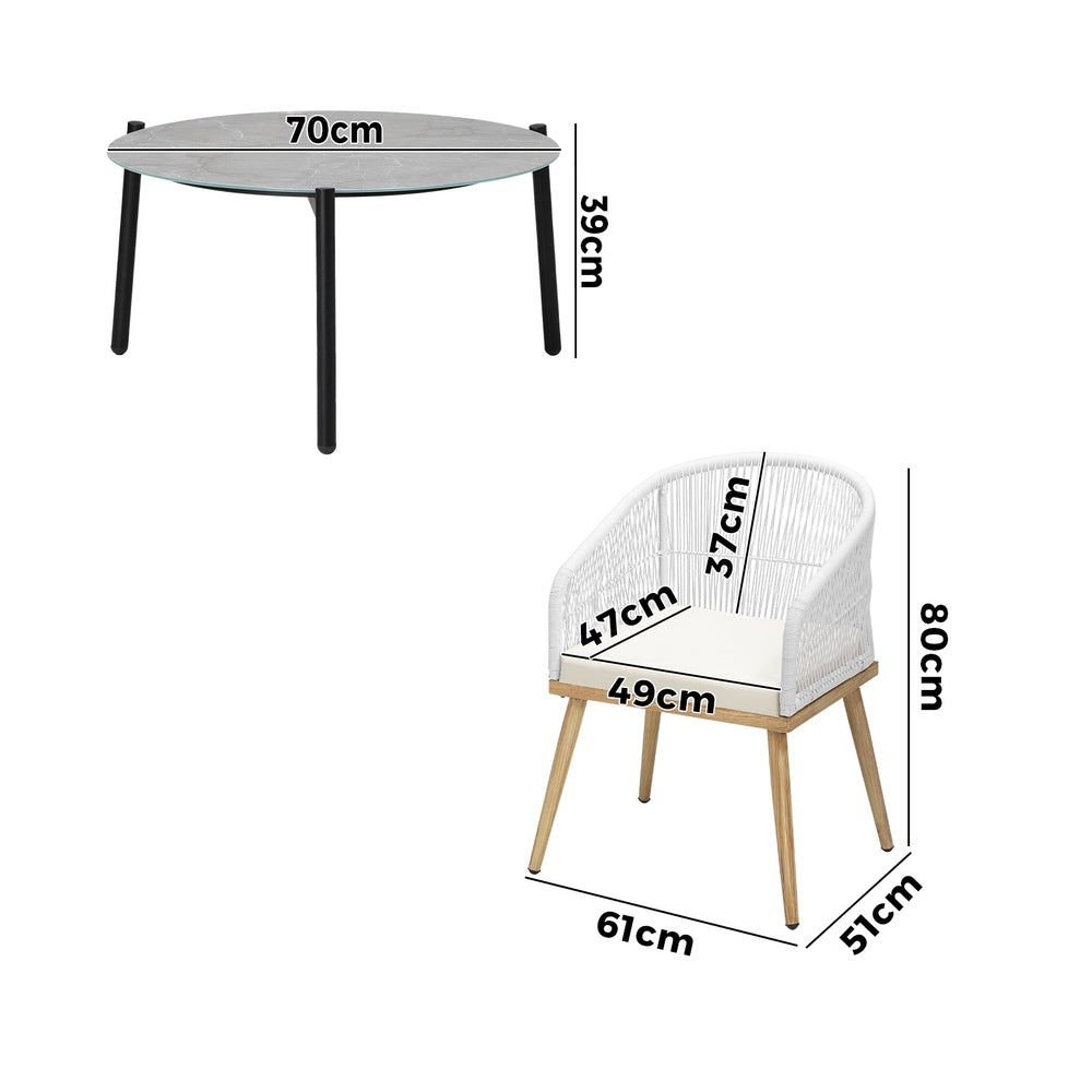 Livsip 3 Piece Outdoor Patio Set 70cm Table Polyester Chair Rope