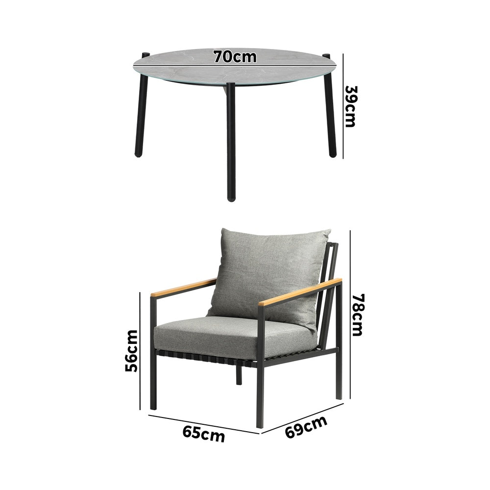 Livsip 3PCS Outdoor Lounge Set Grey 70cm Coffee Table Chairs