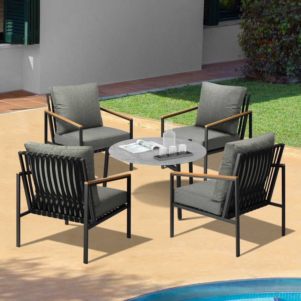 Livsip 5PC Outdoor Patio Set Grey 70cm Coffee Table Sofa Chairs