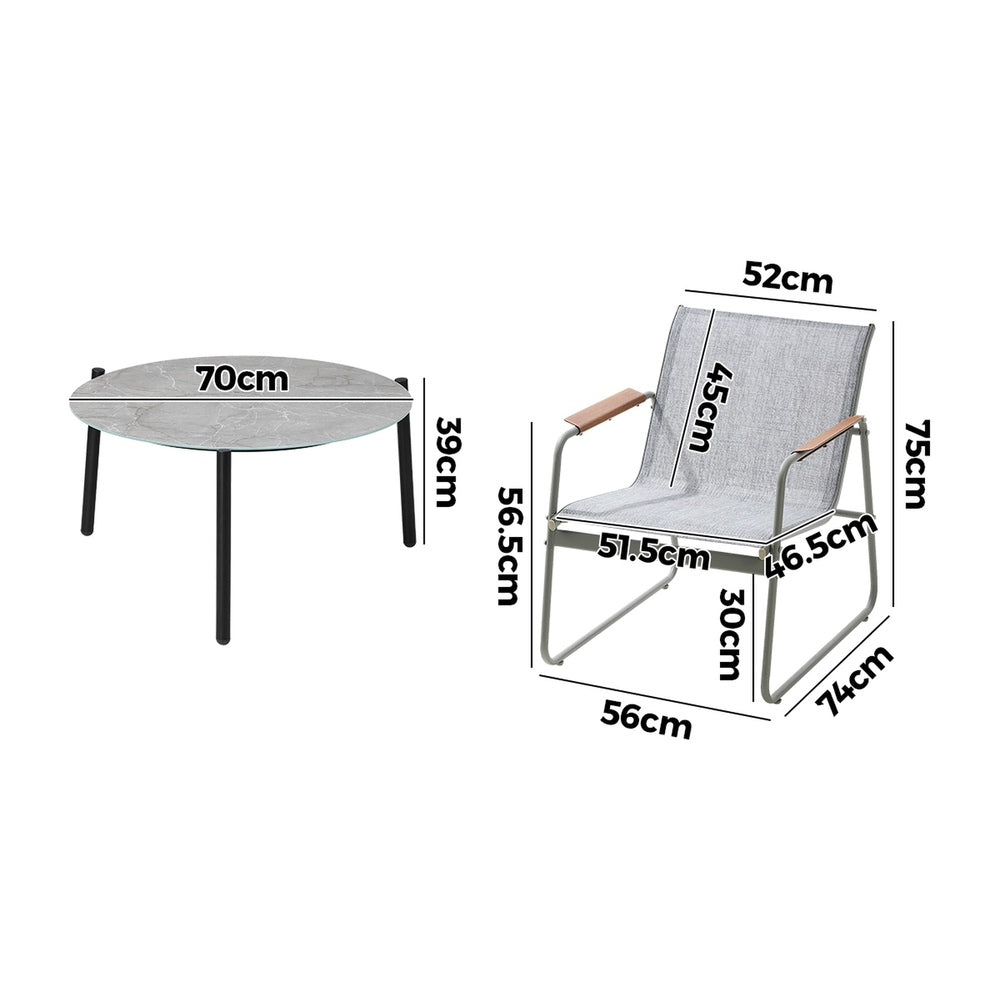 Livsip 3PCS Outdoor Bistro Set Patio Chair 70cm Grey Table Textilene