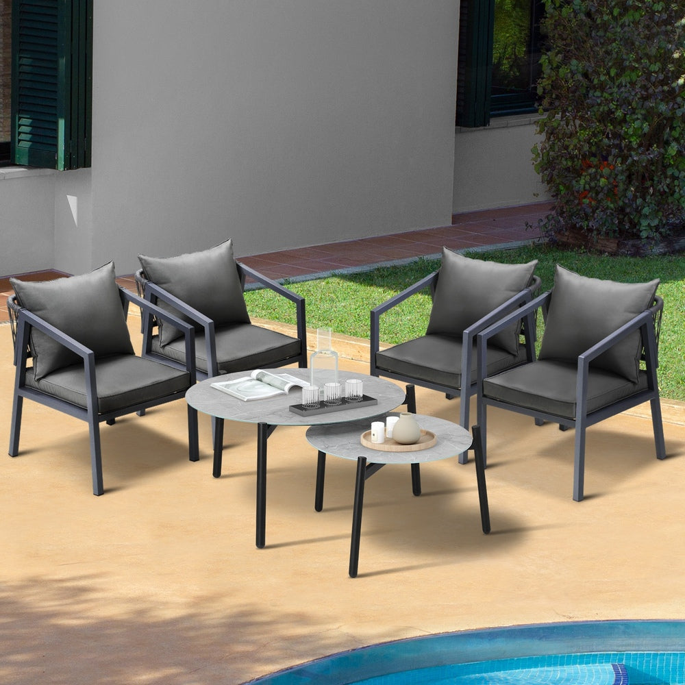 Livsip 6PCS Outdoor Patio Set Grey 70cm Coffee Table Set Grey Chairs