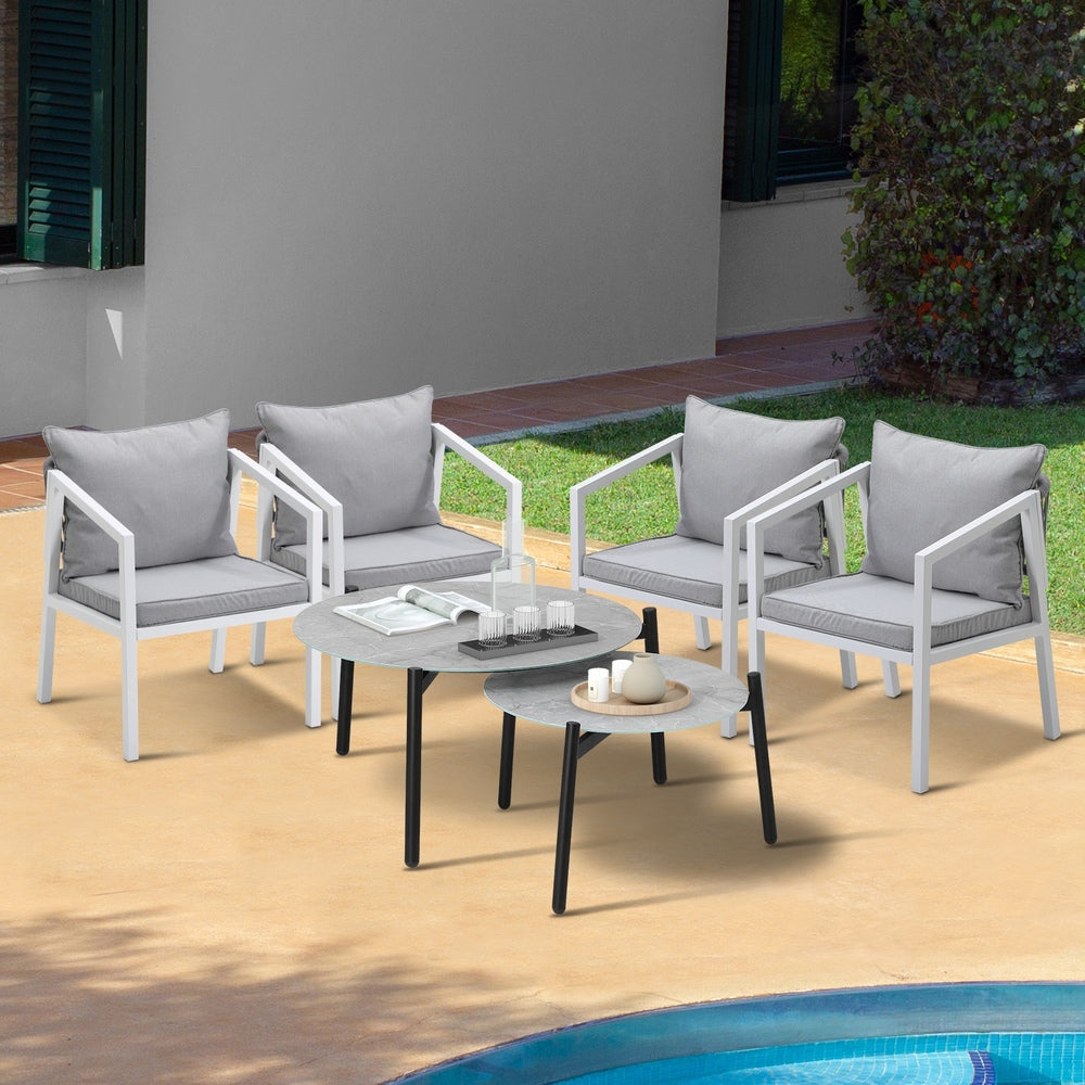 Livsip 6PCS Outdoor Patio Set Grey 70cm Coffee Table Set White Chairs