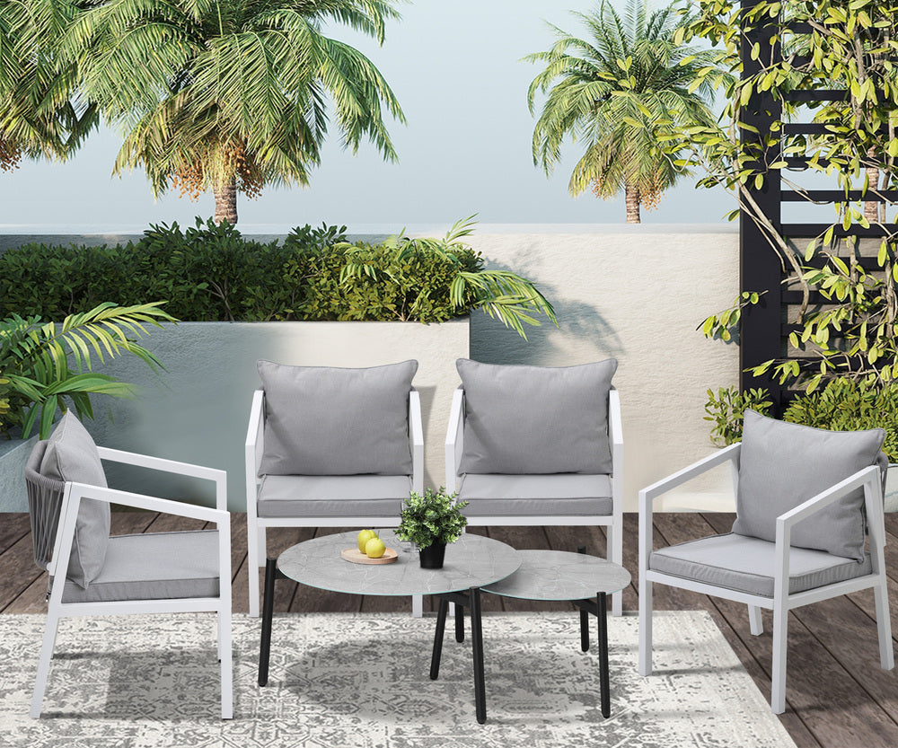 Livsip 6PCS Outdoor Patio Set Grey 70cm Coffee Table Set White Chairs