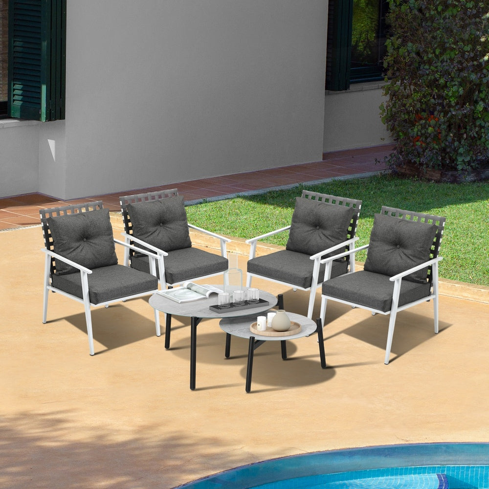 Livsip 6pc Outdoor Patio Set Grey Round Table 4pc Rattan White Chairs