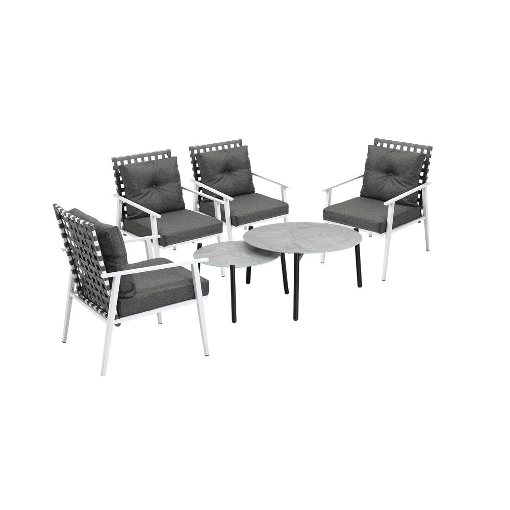 Livsip 6pc Outdoor Patio Set Grey Round Table 4pc Rattan White Chairs