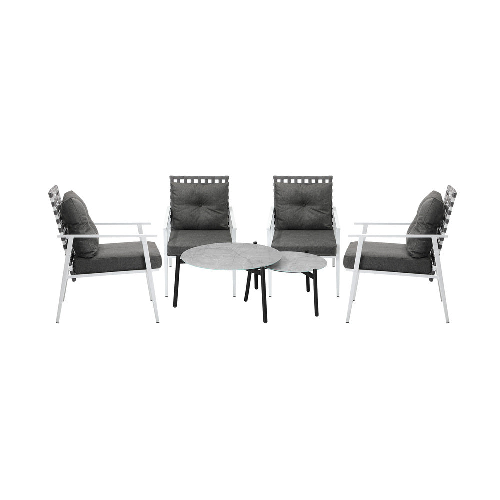 Livsip 6pc Outdoor Patio Set Grey Round Table 4pc Rattan White Chairs