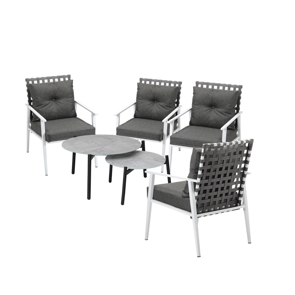 Livsip 6pc Outdoor Patio Set Grey Round Table 4pc Rattan White Chairs
