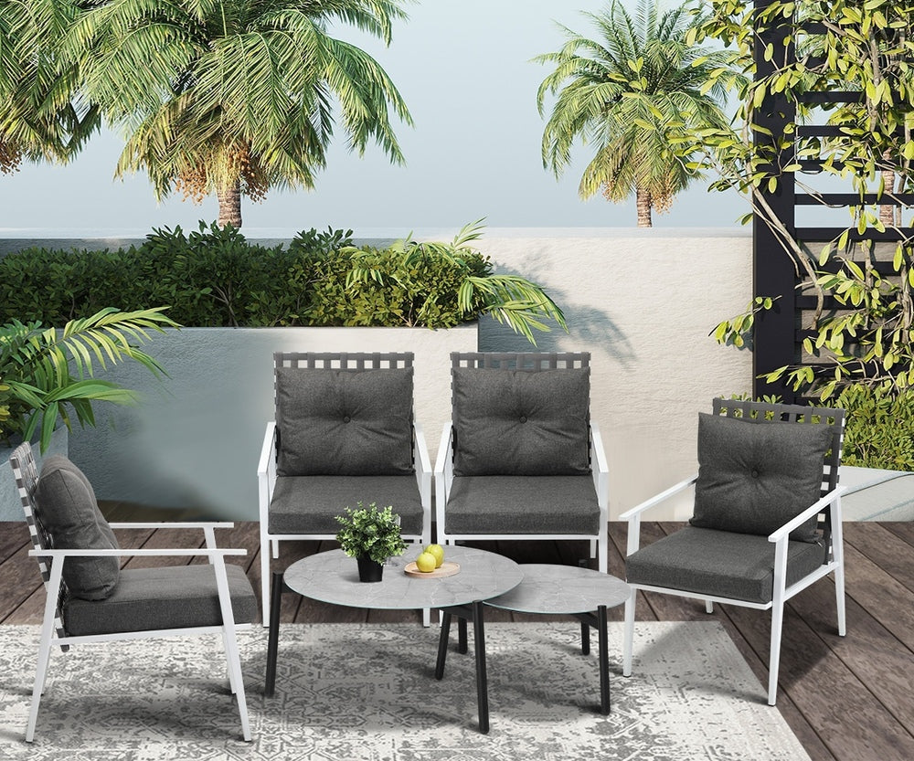 Livsip 6pc Outdoor Patio Set Grey Round Table 4pc Rattan White Chairs
