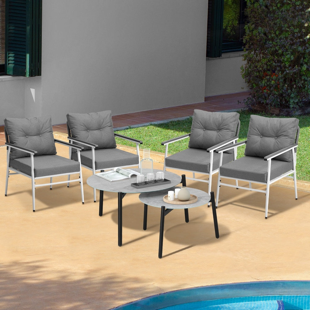 Livsip 6PCS Outdoor Patio Set Grey Table Set with White Chairs