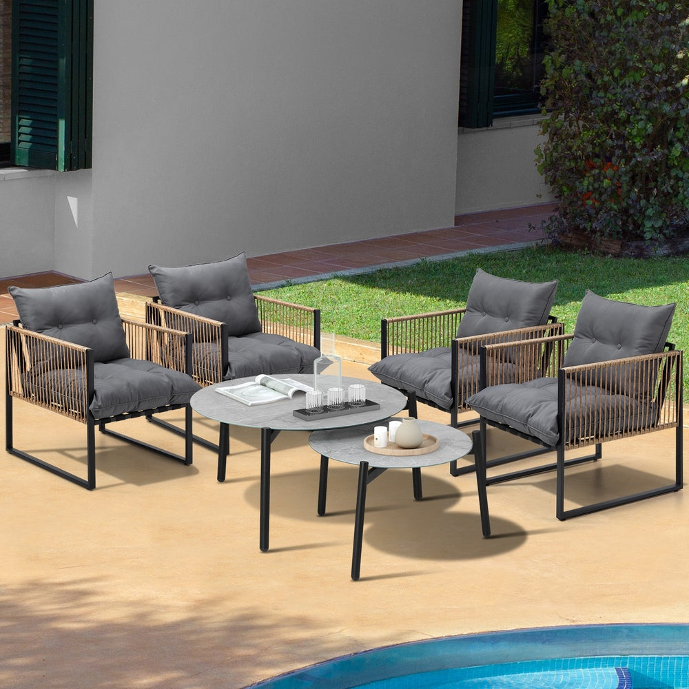 Livsip 6PCS Outdoor Patio Set Grey Coffee Table Set Rattan Chairs