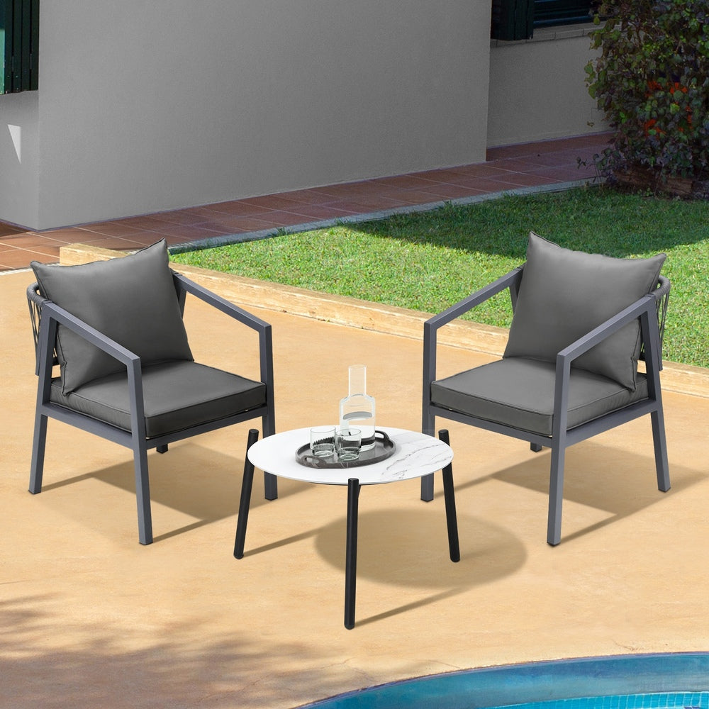 Livsip 3PCS Outdoor Patio Set White 50cm Coffee Table Grey Chairs
