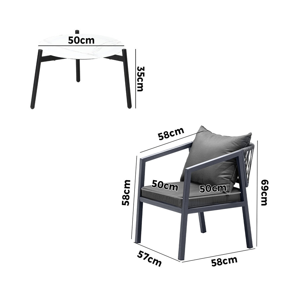 Livsip 3PCS Outdoor Patio Set White 50cm Coffee Table Grey Chairs